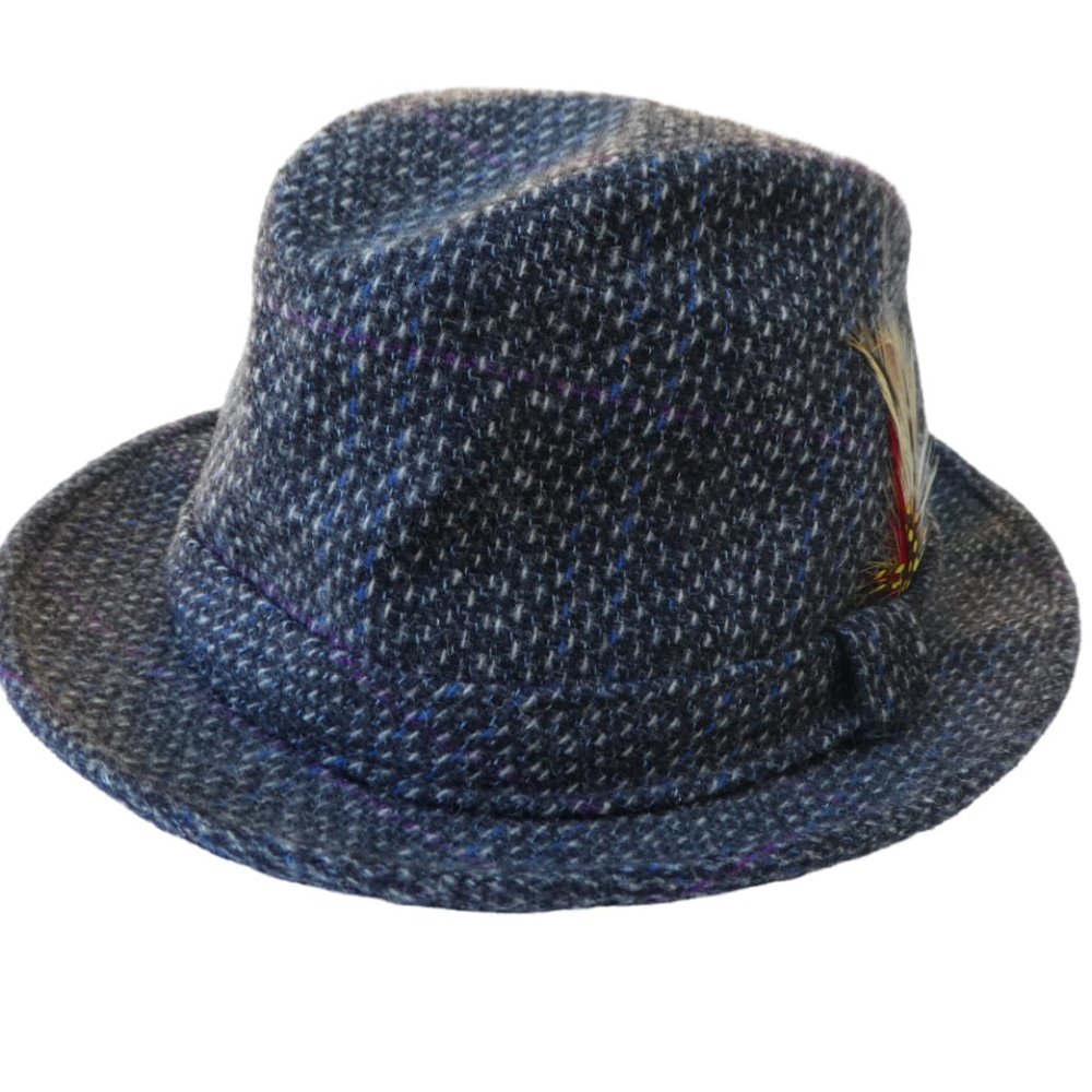 Vintage Dobbs Fifth Avenue Fedora Hat Gray Plaid Wool Side Feather Retro Gangste